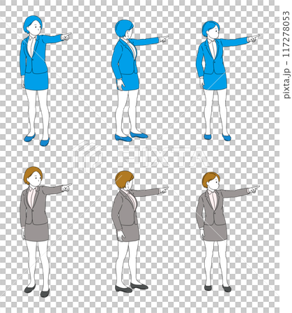 Illustration of a business person (female) pointing at the front Illustration of a business person (female) pointing at the front 117278053