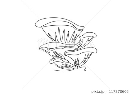 Continuous one line drawing of whole healthy organic mushrooms for farming and harvesting logo identity. Fresh toadstool concept for vegetable icon. Single line draw design vector graphic illustration Continuous one line drawing of whole healthy organic mushrooms for farming and harvesting logo identity. Fresh toadstool concept for vegetable icon. Single line draw design vector graphic illustration 117278603