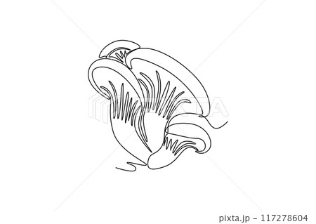 Continuous one line drawing of whole healthy freshness organic mushrooms for groceries market logo identity. Fresh toadstool concept vegetable icon. Single line draw design vector graphic illustration Continuous one line drawing of whole healthy freshness organic mushrooms for groceries market logo identity. Fresh toadstool concept vegetable icon. Single line draw design vector graphic illustration 117278604