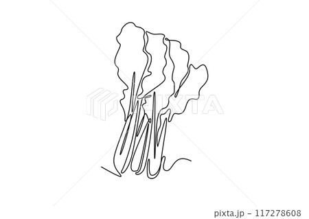 Single continuous line drawing whole healthy organic mustard green leaves for harvest logo identity. Fresh mustard cabbage concept for vegetable icon. One line draw graphic design vector illustration 117278608