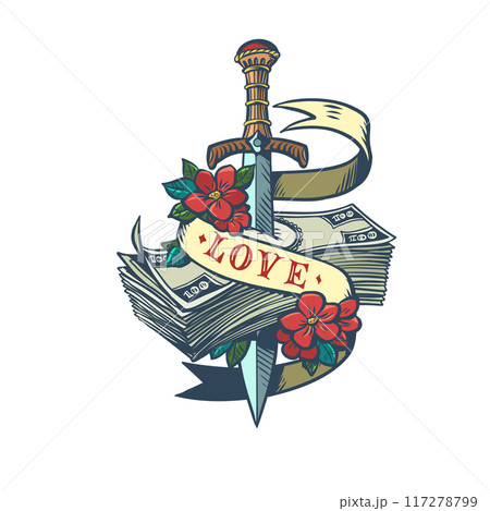 The sword pierces money with the inscription love. The problem of finances for the sake of good relationships. The primacy of love and feeling over money. 117278799