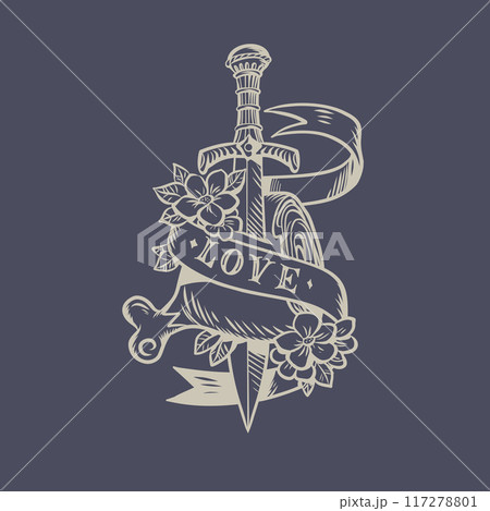 The sword pierces a piece of meat with the inscription love. Prestigious restaurant with selected menu and food. Stylish medieval symbol of love for delicious food. 117278801