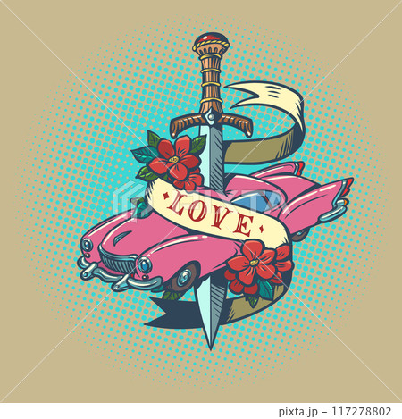 A sword pierces a car with the inscription love. A prestigious car dealership for drivers of vintage cars. Stylish presentation of your car rental services. 117278802