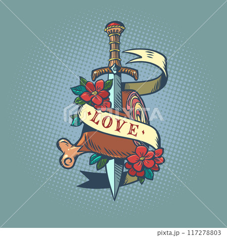 The sword pierces a piece of meat with the inscription love. Prestigious restaurant with selected menu and food. Stylish medieval symbol of love for delicious food. The sword pierces a piece of meat with the inscription love. Prestigious restaurant with selected menu and food. Stylish medieval symbol of love for delicious food. 117278803