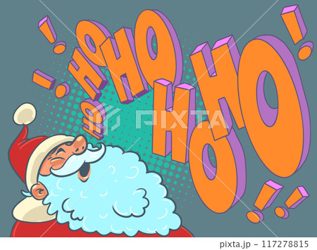 Santa Claus laughs with phrases. Kind adult elderly man in a suit. The upcoming holiday of Christmas and New Year. 117278815
