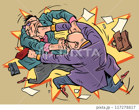 Male office employees in suits fight with each other. Business competition between companies. Problems with communication within the team. Male office employees in suits fight with each other. Business competition between companies. Problems with communication within the team. 117278817
