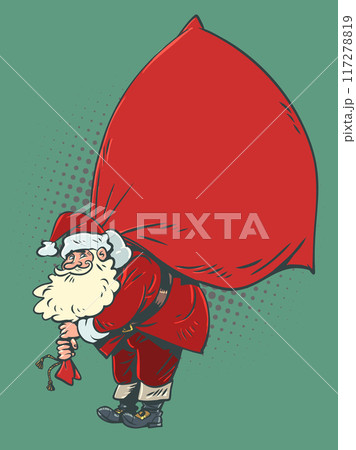 Santa Claus carries a bag of gifts. The upcoming new year holiday and santa costume. Delivery of purchases for customers. 117278819