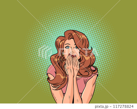 The woman looks at the camera in surprise, covering her mouth with her hands. Shock from a profitable offer for customers. The girl is slightly frightened. The woman looks at the camera in surprise, covering her mouth with her hands. Shock from a profitable offer for customers. The girl is slightly frightened. 117278824