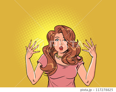 The woman looks at the camera in surprise. Shock from the sudden decision. The girl's puzzled face. The woman looks at the camera in surprise. Shock from the sudden decision. The girl's puzzled face. 117278825