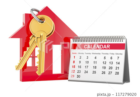 Home key with keychain with desk calendar, 3D rendering Home key with keychain with desk calendar, 3D rendering 117279020
