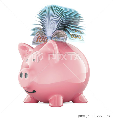 Piggy bank with dollar bills, 3D rendering Piggy bank with dollar bills, 3D rendering 117279025