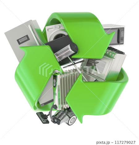 Recycling household appliances, concept. Household and domestic appliance with recycle symbol. 3D rendering 117279027