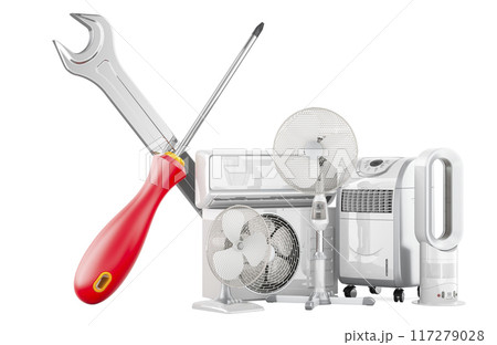 Repair and tech support of cooling system and climate control equipment, 3D rendering Repair and tech support of cooling system and climate control equipment, 3D rendering 117279028