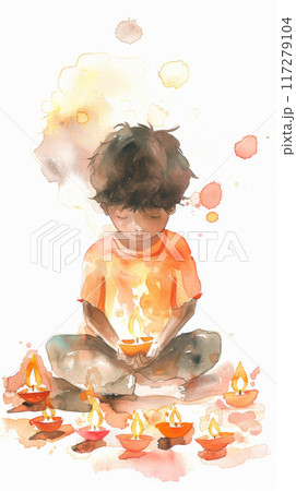 Boy holding traditional diya oil lamps during diwali festival of lights celebration 117279104