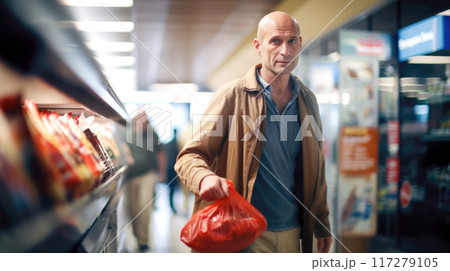Senior man shopping for groceries in supermarket, background 117279105