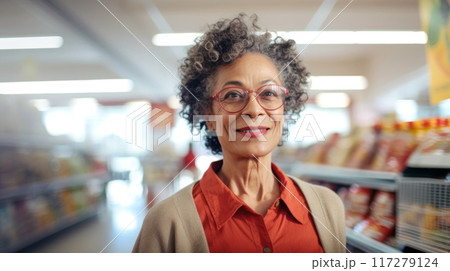 Smiling middle age POC woman with curly hair in grocery store aisle, shopping experience 117279124