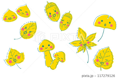 秋のかわいいキャラクターイラストセット 秋の味覚 秋のイラスト素材 117279126