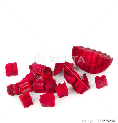 Pieces of juicy red beetroot isolated on white. Free space for text. 117279248