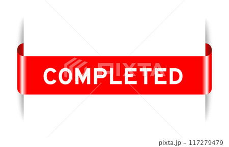 Red color inserted label banner with word completed on white background 117279479