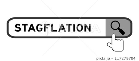 Search banner in word staflation with hand over magnifier icon on white background 117279704