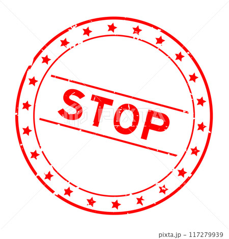 Grunge red stop word round rubber seal stamp on white background Grunge red stop word round rubber seal stamp on white background 117279939