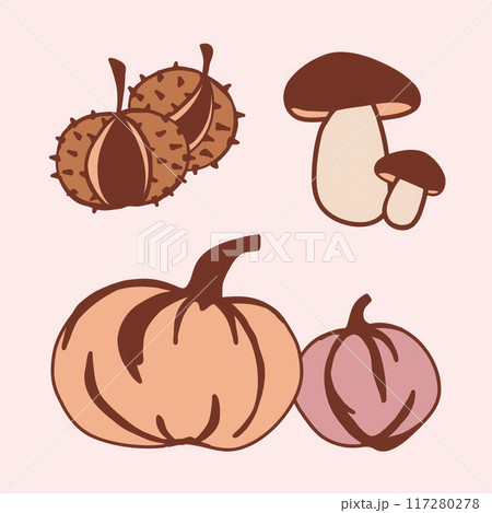 Multiple pumpkins and assorted mushrooms are arranged against a soft pink background, showcasing autumn's bounty. 117280278