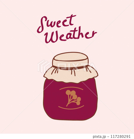 A colorful jar of jam with a patterned lid and a whimsical label that reads Sweet Weather against a soft pink background. 117280291