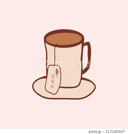 A warm cup of tea rests on a matching saucer, featuring a tea bag with its tag softly leaning over the rim, set against a pastel pink backdrop. A warm cup of tea rests on a matching saucer, featuring a tea bag with its tag softly leaning over the rim, set against a pastel pink backdrop. 117280307