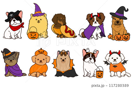 ハロウィン仕様の可愛い小型犬のイラストセット　主線あり 117280389