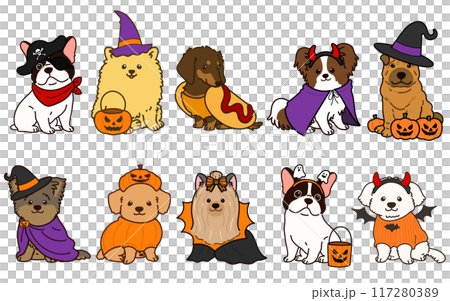 ハロウィン仕様の可愛い小型犬のイラストセット　主線あり 117280389