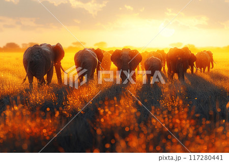 A herd of elephants with babies with trunks at sunset in the shroud, African jungle. A herd of elephants with babies with trunks at sunset in the shroud, African jungle. 117280441