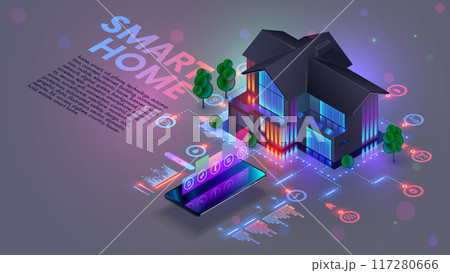Smart home isometric conceptual background. IOT or internet of things house system. Smart home connection and control with devices through home network. Phone control domestics devices in smart home. Smart home isometric conceptual background. IOT or internet of things house system. Smart home connection and control with devices through home network. Phone control domestics devices in smart home. 117280666