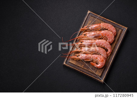 Tiger shrimp or langoustine boiled with spices and salt 117280945