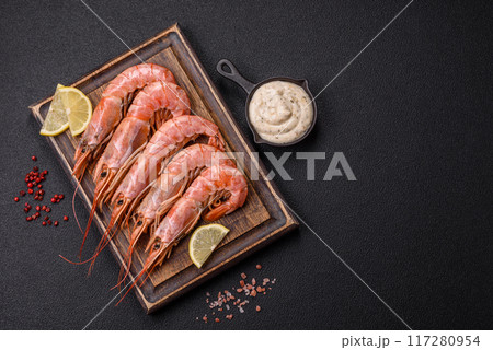 Tiger shrimp or langoustine boiled with spices and salt Tiger shrimp or langoustine boiled with spices and salt 117280954