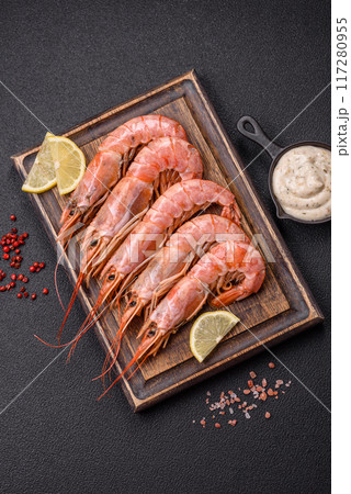 Tiger shrimp or langoustine boiled with spices and salt 117280955