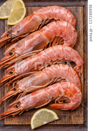 Tiger shrimp or langoustine boiled with spices and salt Tiger shrimp or langoustine boiled with spices and salt 117280956