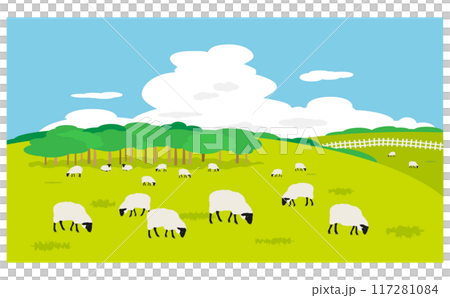 Landscape painting of Suffolk sheep grazing in a pasture 117281084