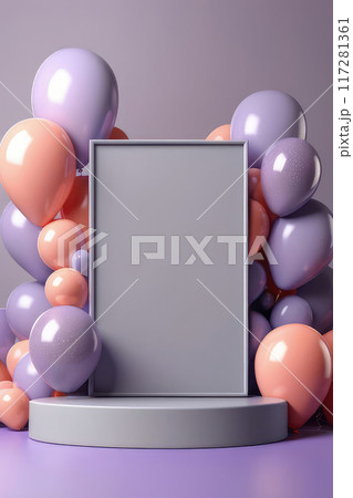 Happy greeting with empty podium, gray and coral balloons for birth day mock up decoration on a lavender background. Happy greeting with empty podium, gray and coral balloons for birth day mock up decoration on a lavender background. 117281361