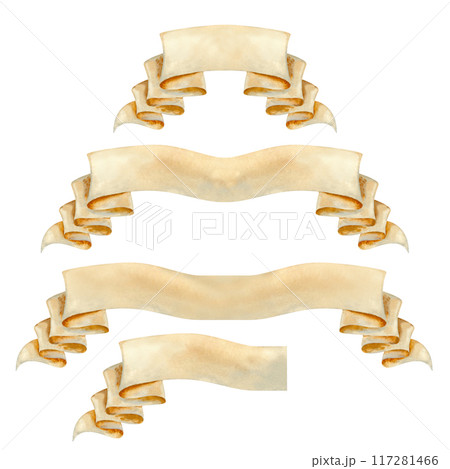 Set of vintage blank beige ribbons for decorative text ancient design in various lengths. Watercolor illustration of an scroll manuscript. Rolled paper banner templates in pastel beige, brown colors 117281466