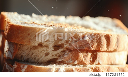 Close up of fluffy white bread slices, toasted edges, food background 117281552