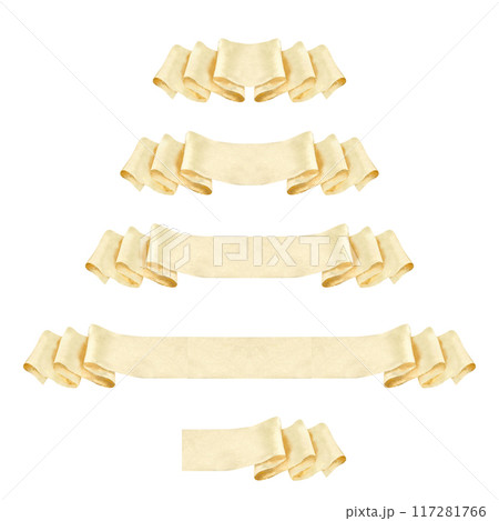 Set of paper blank beige ribbons for decorative text of various lengths. Watercolor illustration of vintage scroll, manuscript, curly label. Rolled banner templates in pastel beige and brown colors Set of paper blank beige ribbons for decorative text of various lengths. Watercolor illustration of vintage scroll, manuscript, curly label. Rolled banner templates in pastel beige and brown colors 117281766