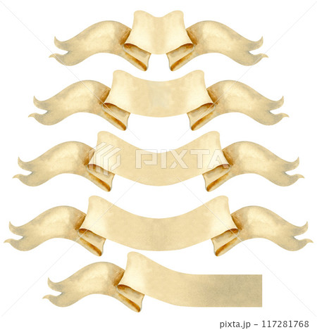 Set of paper blank beige ribbons for decorative text of various lengths. Watercolor illustration of vintage scroll, manuscript, curly label. Rolled banner templates in pastel beige and brown colors Set of paper blank beige ribbons for decorative text of various lengths. Watercolor illustration of vintage scroll, manuscript, curly label. Rolled banner templates in pastel beige and brown colors 117281768