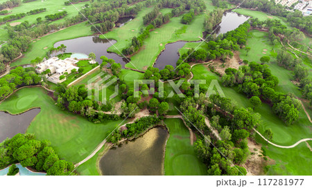 Aerial view of golf course and luxury villas in Belek, Turkey. Scenic panoramic view of golf fairway 117281977