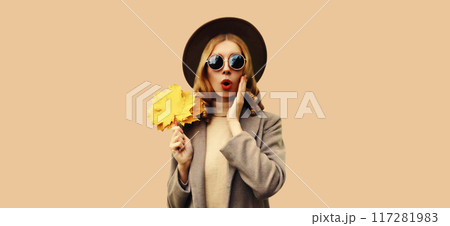 Autumn portrait of emotional young woman surprised by the low prices holds yellow maple leaves Autumn portrait of emotional young woman surprised by the low prices holds yellow maple leaves 117281983