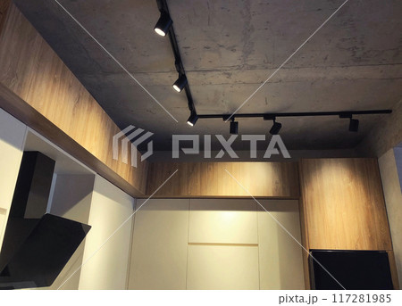 Kitchen lighting, black spot track lights led, interior in modern loft design 117281985