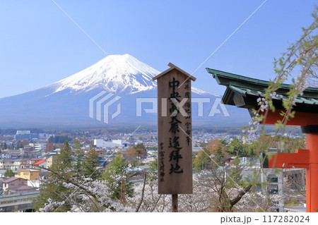 新倉山浅間公園の鳥居と富士山、桜(山梨県 富士吉田市) 新倉山浅間公園の鳥居と富士山、桜(山梨県 富士吉田市) 117282024