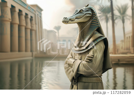 Crocodile-headed Egyptian god Sobek standing by a river in an ancient city, wearing traditional attire 117282059