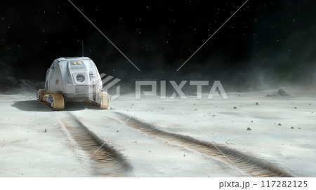 Rover on the moon's surface, leaving deep tracks in the lunar dust under a starry sky, copy space 117282125