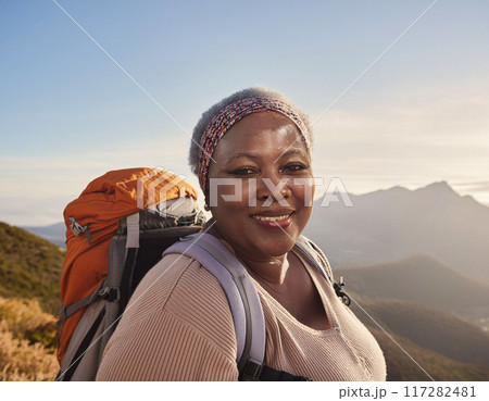 Happy Solo Female Hiker on Mountain Trail: One Woman Smiling 117282481