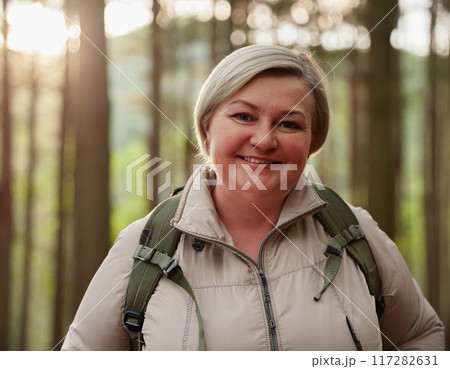 Solo Female Hiker on Forest Trail: One Woman Adventuring 117282631